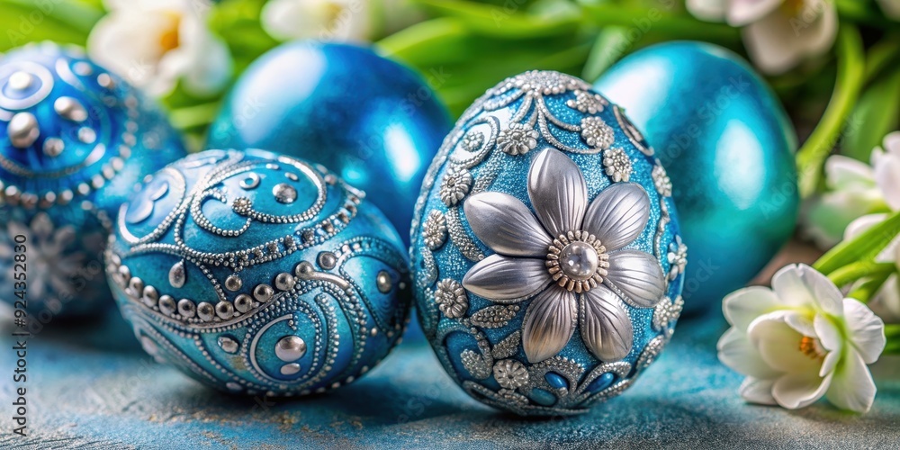 Close-up of ornate blue eggs with silver designs beside a standout egg adorned with vibrant flowers Close-up of ornate blue eggs with silver designs beside a standout egg adorned with vibrant flowers