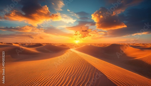 Bathe in the tranquil allure of a desert sunset, as the sun dips below rolling dunes, casting a golden glow that transforms the landscape into a captivating canvas of colors.