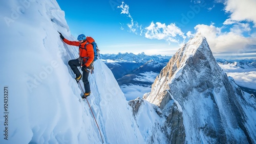 A Brave Climber Ascends Towering Peaks, Conquering Snowy Slopes Under a Bright Blue Sky, Facing Nature's Challenge With Determination and Skill; A Scene of Adventure and Triumph.