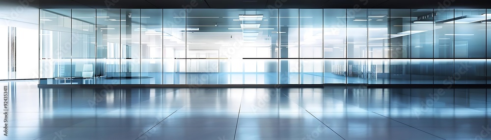 Modern Office Interior with Glass Wall and Blue Tile Floor 3D Illustration Modern Office Interior with Glass Wall and Blue Tile Floor 3D Illustration