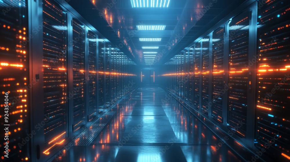 Obraz premium Data center filled with rows and rows of servers.