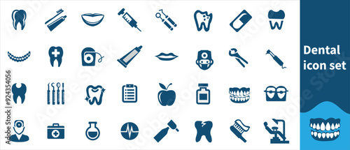 Dental icon set. Containing tooth, dentist, toothpaste, toothbrush, teeth, implant and dentistry icons. Solid icon collection. Vector illustration.