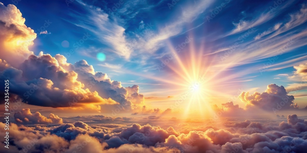 Majestic fantasy sky landscape with fluffy clouds and sun, creating a tranquil heaven background, beautiful, majestic Majestic fantasy sky landscape with fluffy clouds and sun, creating a tranquil heaven background, beautiful, majestic