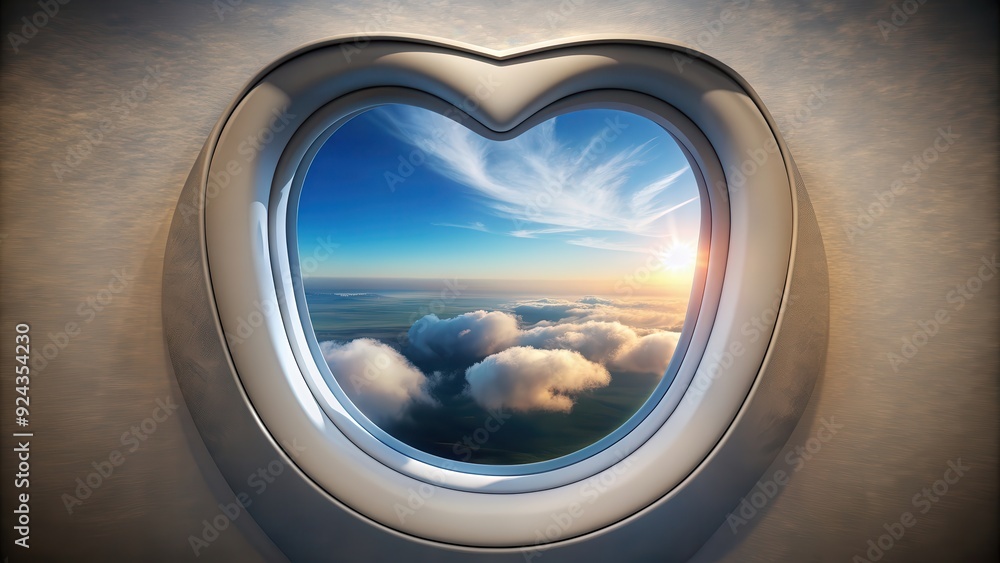 Heart-shaped airplane porthole illuminating love and travel concept, love, travel, heart, airplane, porthole Heart-shaped airplane porthole illuminating love and travel concept, love, travel, heart, airplane, porthole