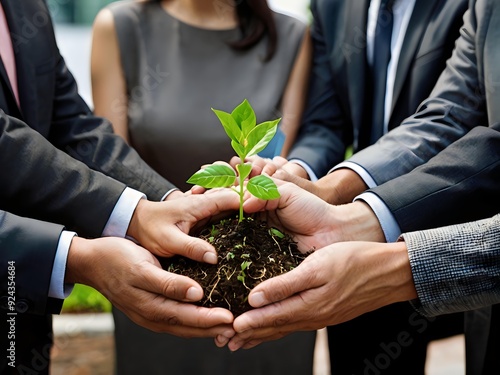 business people planting and protecting small shoots by hand, collection of business people holding small shoots