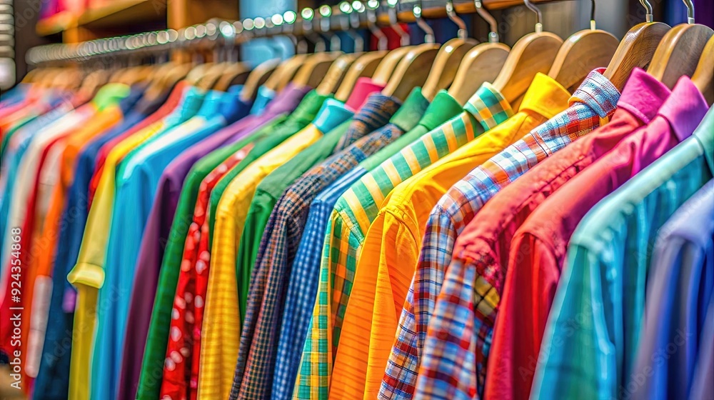 Row of colorful clothes on hangers in a store, showcasing a variety of vibrant shirts and fabrics in a retail setting. Row of colorful clothes on hangers in a store, showcasing a variety of vibrant shirts and fabrics in a retail setting.