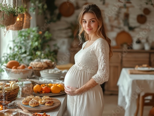 Middleaged pregnant woman having a healthy breakfa  068 woman, food, kitchen, cooking, diet, home, breakfast, healthy, eating, fruit, meal, beauty, pregnancy, person, people, vegetables, fresh, vegeta photo