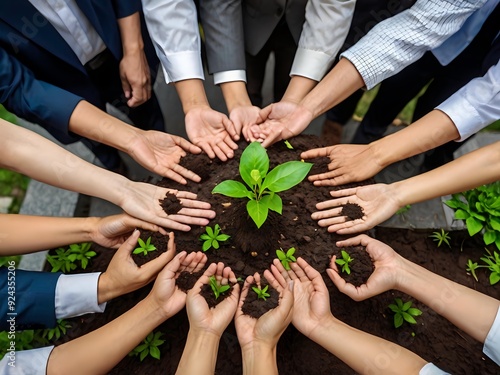 business people planting and protecting small shoots by hand, collection of business people holding small shoots