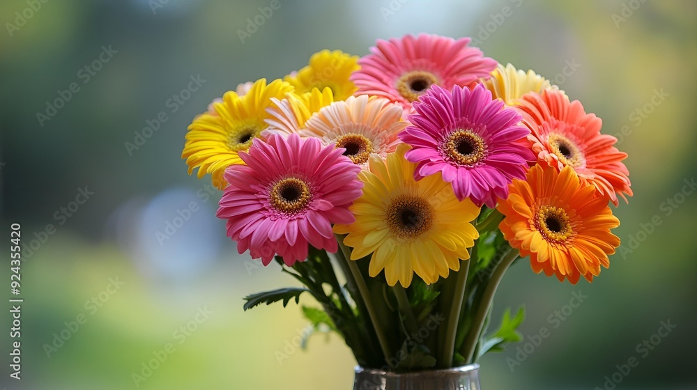 Vibrant pink, orange, and yellow gerbera daisies bloom in a colorful floral bouquet Vibrant pink, orange, and yellow gerbera daisies bloom in a colorful floral bouquet