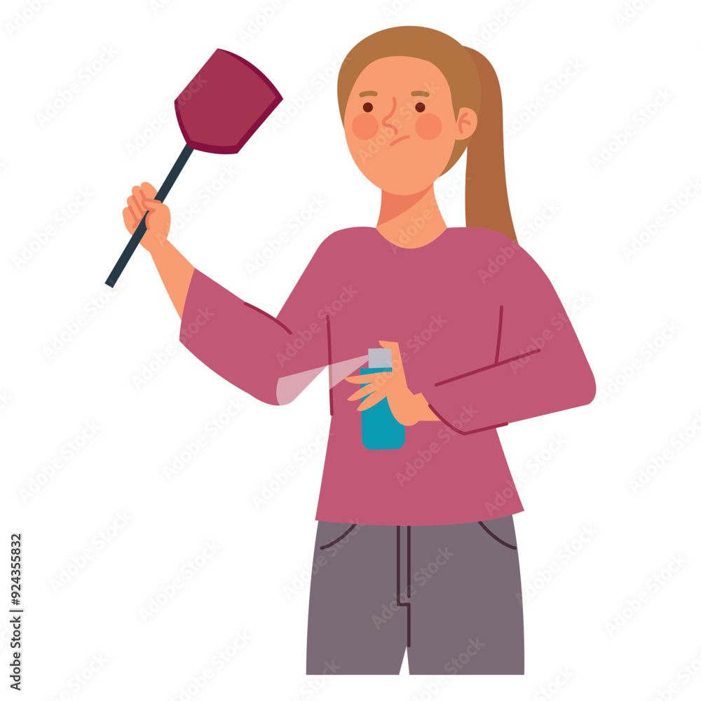 woman with fly swatter and mosquito repellent woman with fly swatter and mosquito repellent