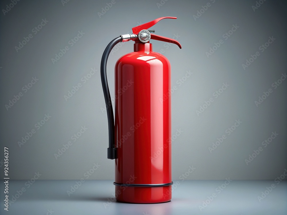 A vibrant red fire extinguisher stands upright on a neutral gray background, ready for emergency use, with its nozzle and label prominently displayed. A vibrant red fire extinguisher stands upright on a neutral gray background, ready for emergency use, with its nozzle and label prominently displayed.
