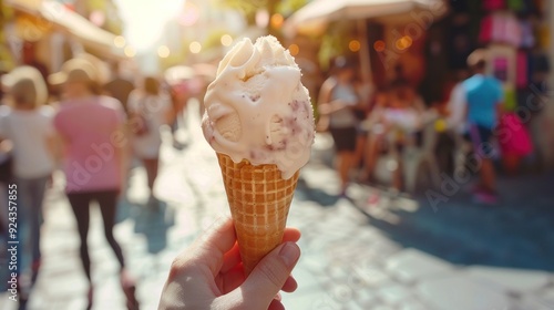 Summertime treat, delicious ice cream cone in hand