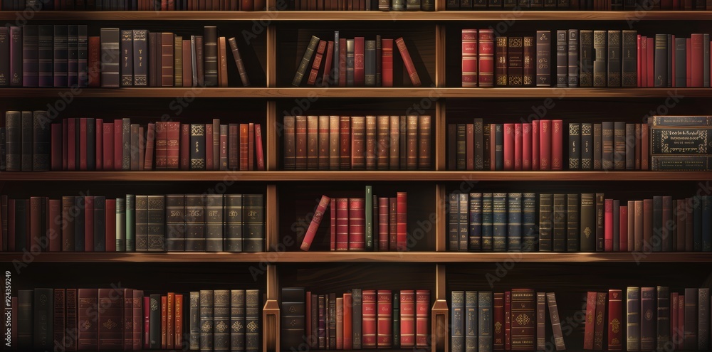 Organized Knowledge. Bookshelf background with a high level of detail on a plain background Organized Knowledge. Bookshelf background with a high level of detail on a plain background