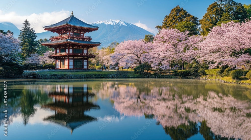 Fototapeta premium Japanese Pagoda and Cherry Blossoms