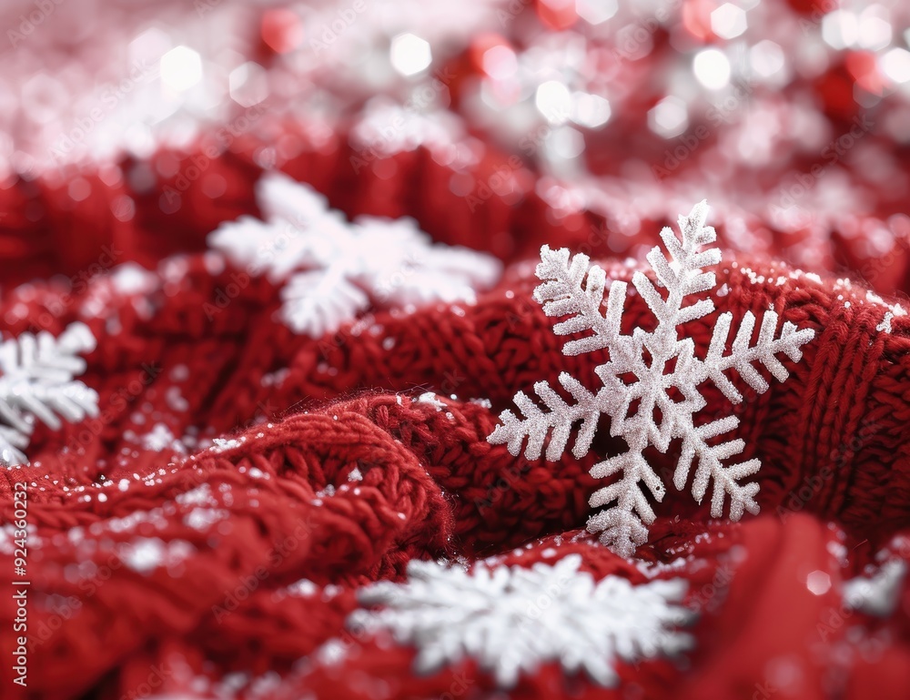 Festive red and white winter scene with snowflakes Festive red and white winter scene with snowflakes