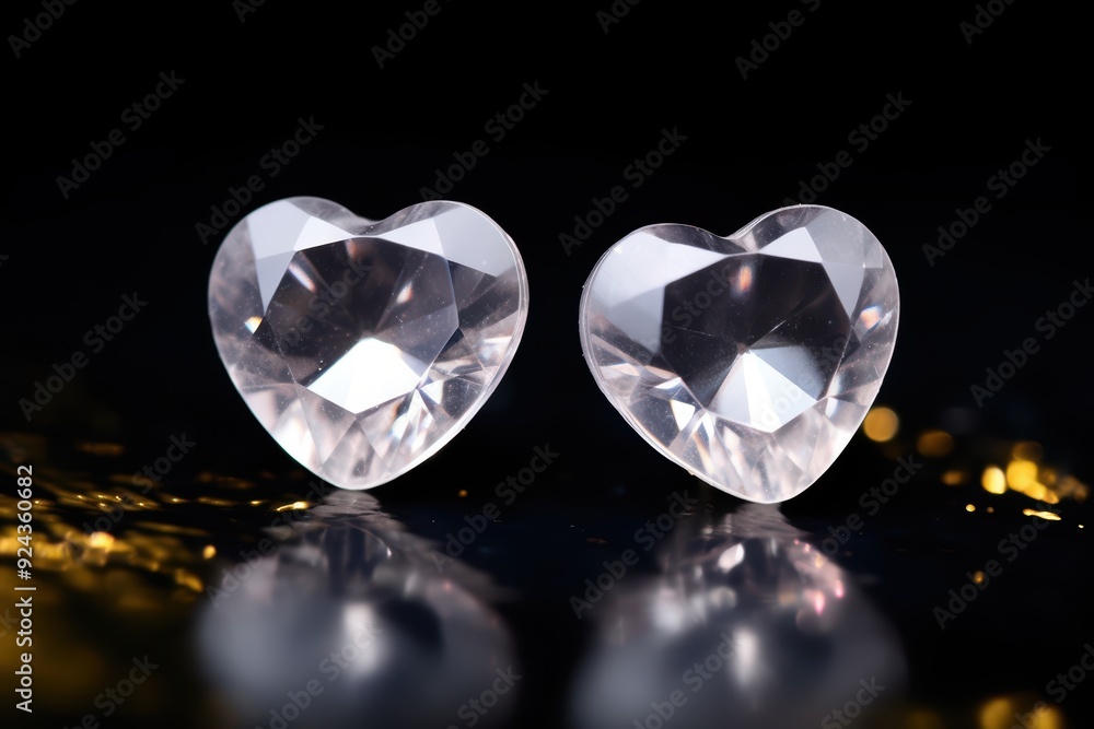 Pair of heart-shaped crystal gems on reflective surface Pair of heart-shaped crystal gems on reflective surface