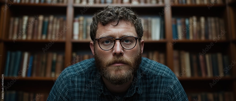 Thoughtful man with glasses and beard in a library Thoughtful man with glasses and beard in a library