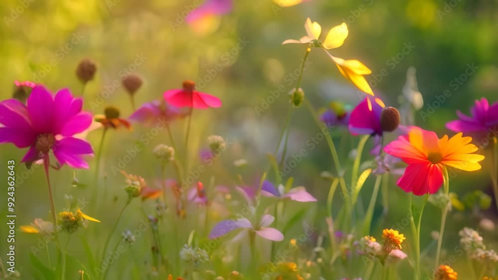 An assortment of flowers scattered throughout the green grassy field, Wildflowers dancing in the breeze An assortment of flowers scattered throughout the green grassy field, Wildflowers dancing in the breeze