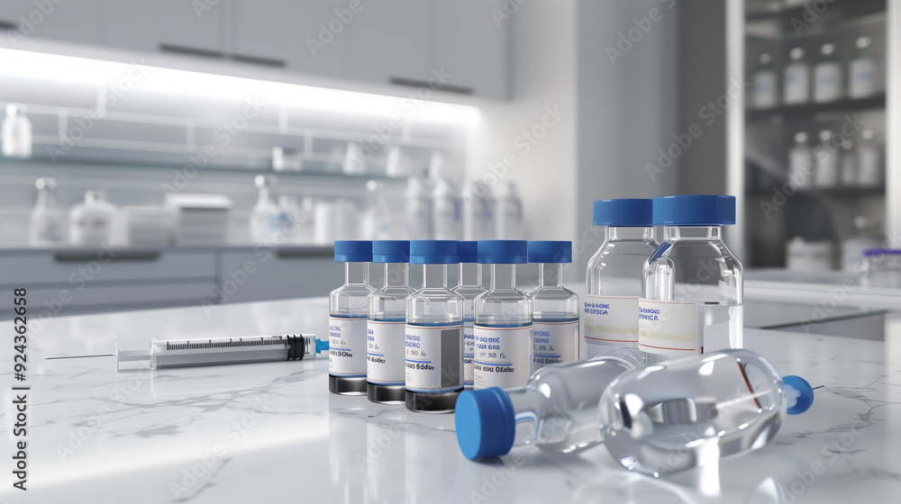 a clean and clinical scene with a variety of sterile medical vials on a white countertop. Include labels, syringes, and protective caps to highlight their use in a medical setting a clean and clinical scene with a variety of sterile medical vials on a white countertop. Include labels, syringes, and protective caps to highlight their use in a medical setting