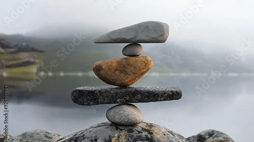 A stack of rocks on top of each other with a body of water in the background