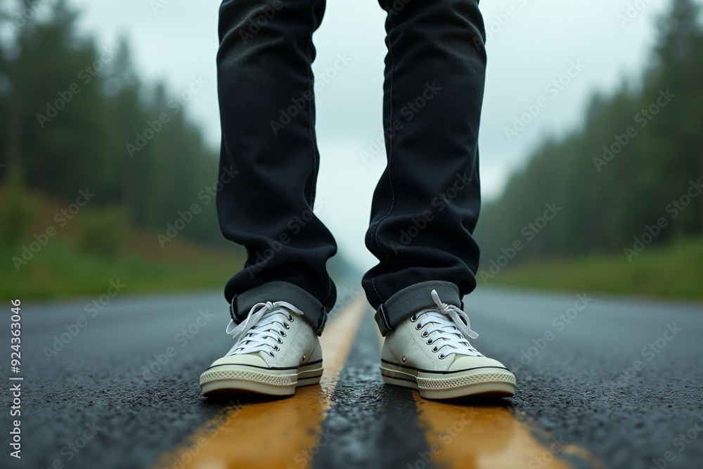 A mysterious figure wearing jeans and sneakers stands in the middle of the road. A mysterious figure wearing jeans and sneakers stands in the middle of the road.