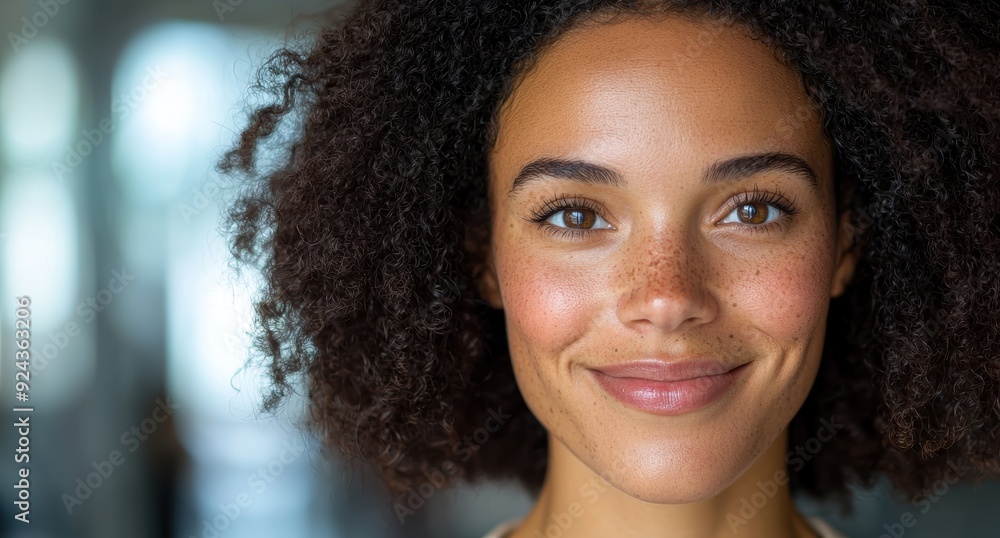 Confident young woman with curly hair and freckles Confident young woman with curly hair and freckles