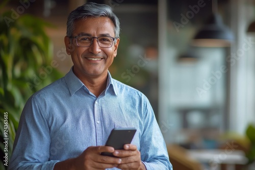 Close-up of smiling mature Latin or Indian businessman holding smartphone in office. Middle aged manager using cell phone mobile app. Digital technology application and solutions, Generative AI