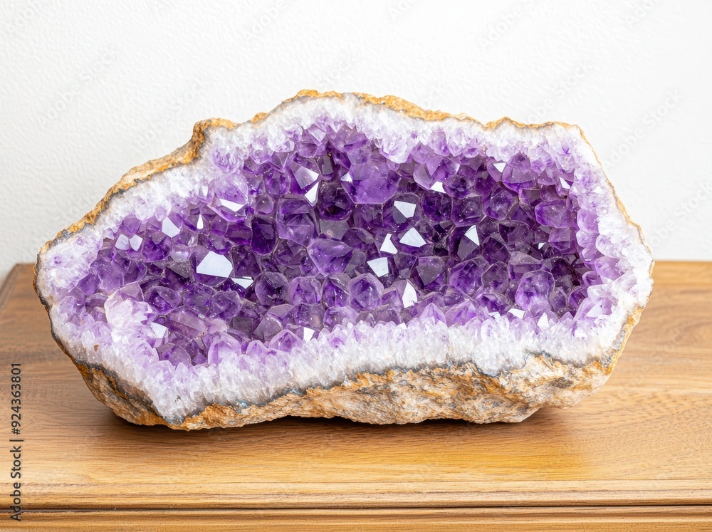 Stunning amethyst crystal geode on wooden surface Stunning amethyst crystal geode on wooden surface