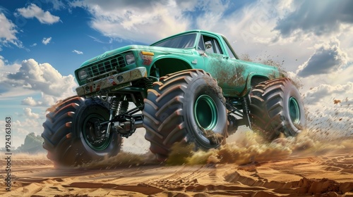 Powerful Monster Truck on Plain Background. Adrenaline-Fueled Racing Concept photo