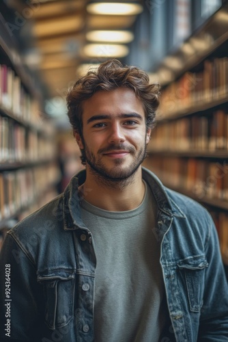 Portrait of satisfied male freelancer or student standing in university library, Generative AI