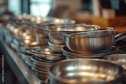 Stack of professional kitchen pans. Restaurant cooking untensils. Healthy food and proper nutrition concept, Generative AI photo