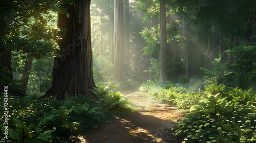 Sunbeams illuminate a forest path, dappling the lush green ferns and leaves.