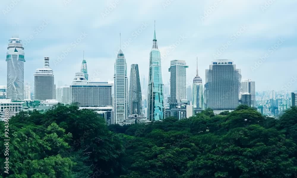 A wide view of green trees and modern skyscrapers with a cloudy blue sky A wide view of green trees and modern skyscrapers with a cloudy blue sky