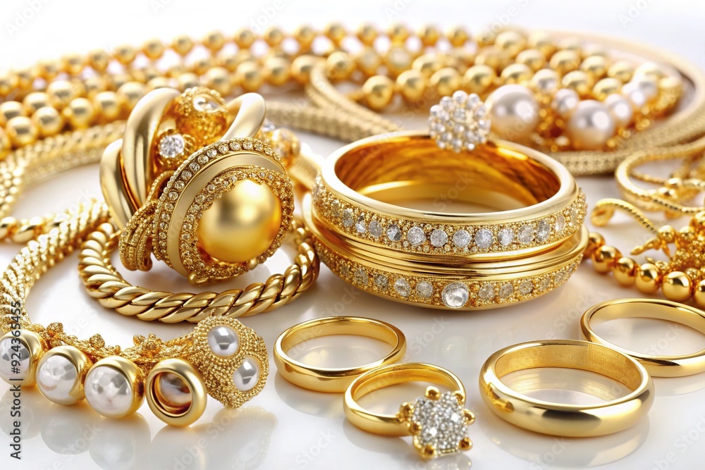 Assortment of luxurious gold jewelry items, including wedding rings, engagement rings, chains, bracelets, earrings, and bangles, beautifully arranged on a clean white background. Assortment of luxurious gold jewelry items, including wedding rings, engagement rings, chains, bracelets, earrings, and bangles, beautifully arranged on a clean white background.