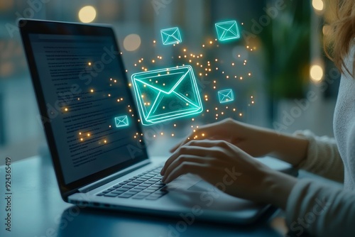 Email marketing and newsletter concept. Business woman using computer laptop and sending online message with email icon, e-mail direct marketing, global, Generative AI photo