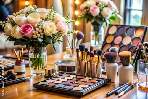 Assortment of high-end cosmetics and brushes laid out on a table, ready for a professional makeup application for a luxurious wedding event. photo