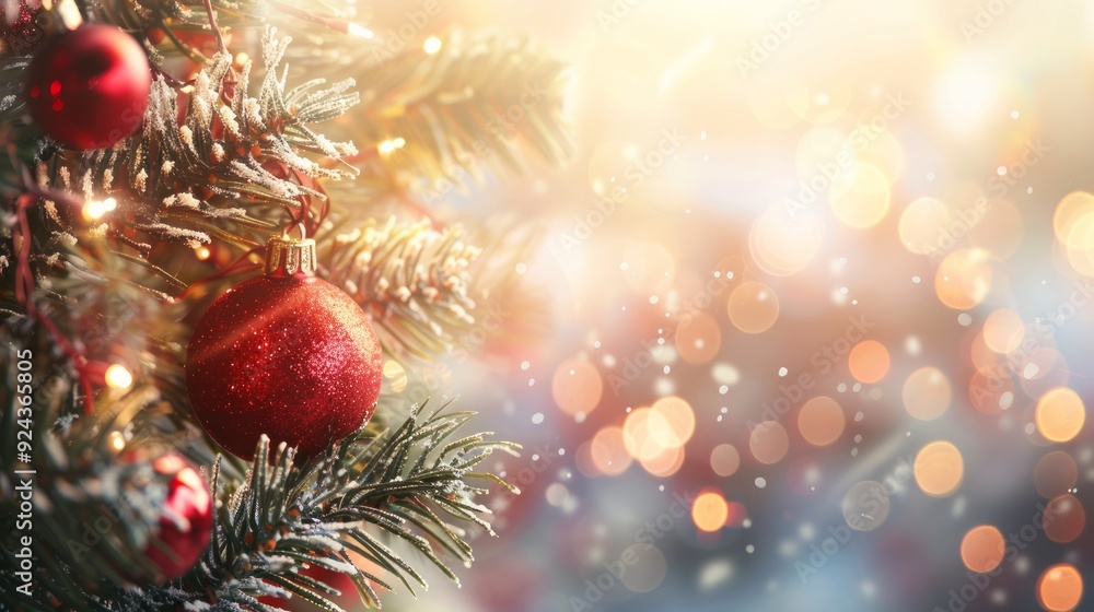 Christmas and New years eve Background. Beautiful Wide Angle Holiday Template with Christmas red ball on fir tree and highlights. Panoramic classic header Web banner with copy space for design Christmas and New years eve Background. Beautiful Wide Angle Holiday Template with Christmas red ball on fir tree and highlights. Panoramic classic header Web banner with copy space for design