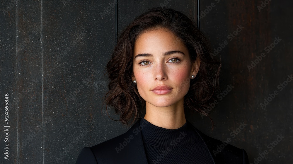 Thoughtful woman with dark hair in black coat Thoughtful woman with dark hair in black coat