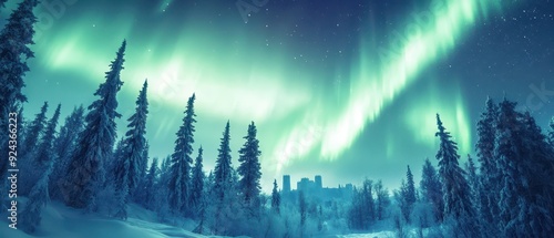 An elegant ice castle surrounded by a snowy forest, with soft northern lights illuminating the sky in shades of green and purple