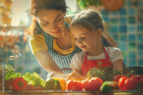  Mother and daughter cooking together in a vibrant kitchen with natural lighting