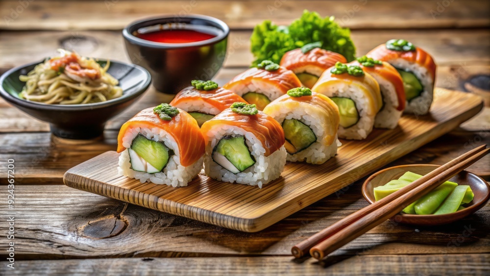 Vibrant, artistically-arranged sushi rolls with fresh salmon, avocado, and cucumber slices on a rustic wooden table, surrounded by soy sauce and ginger accents. Vibrant, artistically-arranged sushi rolls with fresh salmon, avocado, and cucumber slices on a rustic wooden table, surrounded by soy sauce and ginger accents.