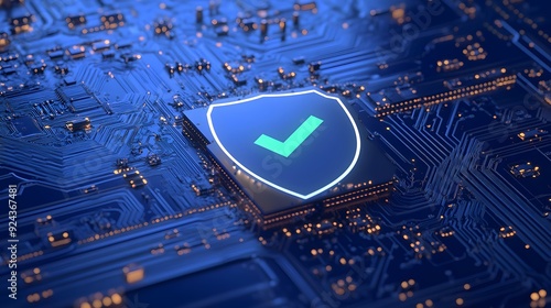 A digital shield with a checkmark symbol representing cybersecurity on a blue circuit board background, ensuring data protection and safety. photo