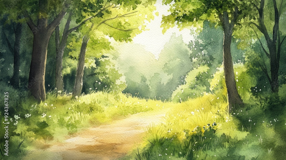 Obraz premium Watercolor Painting of a Path Through a Sun-Dappled Forest