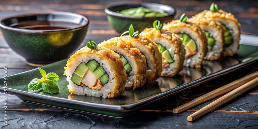 Crunchy shrimp tempura roll wrapped in seaweed, filled with creamy avocado and cucumber, served on a sleek black plate with soy sauce and wasabi. Crunchy shrimp tempura roll wrapped in seaweed, filled with creamy avocado and cucumber, served on a sleek black plate with soy sauce and wasabi.
