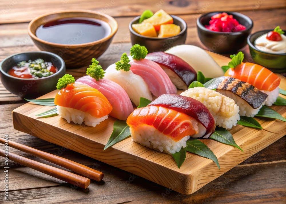 Assortment of fresh nigiri sushi pieces including salmon, tuna, and crab, arranged artfully on a wooden platter with garnishes and a dipping sauce. Assortment of fresh nigiri sushi pieces including salmon, tuna, and crab, arranged artfully on a wooden platter with garnishes and a dipping sauce.