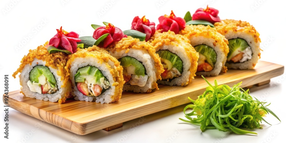 Vibrant sushi rolls overflowing with fresh ginger, pickled ginger, and crispy ginger tempura bits, served on a natural wood platter against a soft white background. Vibrant sushi rolls overflowing with fresh ginger, pickled ginger, and crispy ginger tempura bits, served on a natural wood platter against a soft white background.