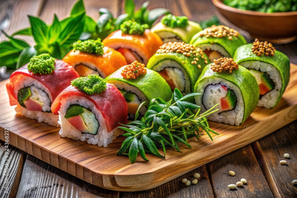 Vibrant, artistically arranged fresh sushi rolls with salmon, tuna, and avocado sit on a rustic wooden platter surrounded by green garnishes and sesame seeds. Vibrant, artistically arranged fresh sushi rolls with salmon, tuna, and avocado sit on a rustic wooden platter surrounded by green garnishes and sesame seeds.