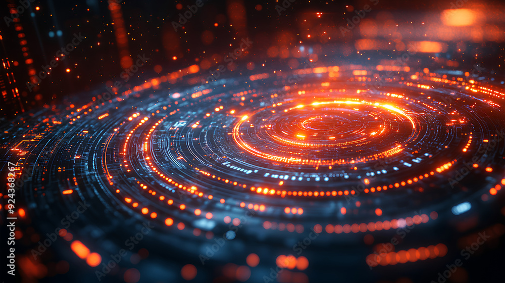 Creative digital tech circle on dark backdrop. Big data and technology concept. 3D Rendering Creative digital tech circle on dark backdrop. Big data and technology concept. 3D Rendering