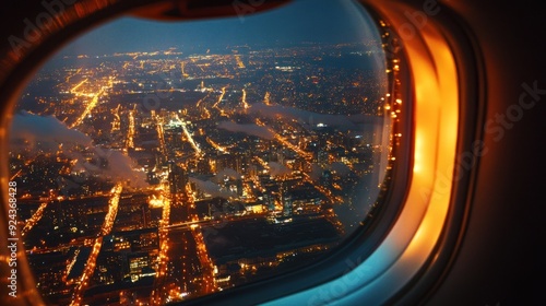 Night City Lights from Airplane Window photo