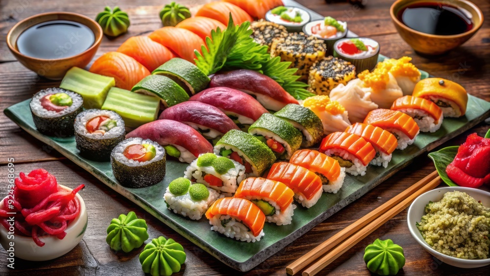 Vibrant sushi platter overflows with colorful rolls, sashimi, and nigiri, surrounded by wasabi, ginger, and soy sauce, showcasing a mouthwatering and indulgent culinary experience. Vibrant sushi platter overflows with colorful rolls, sashimi, and nigiri, surrounded by wasabi, ginger, and soy sauce, showcasing a mouthwatering and indulgent culinary experience.